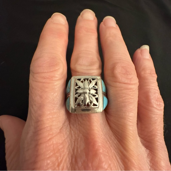Vintage Turquoise Inlay Signet Ring Sterling Silver Southwest Style Size 7.5 - Picture 7 of 7